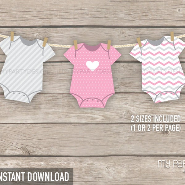 Girl Baby Shower Banner, BabyShower Decorations, Pink Baby Shower Party Bunting, bodysuit theme - INSTANT DOWNLOAD - Printable PDF