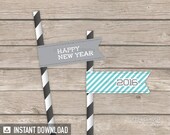 New Year's Eve Turquoise & Grey Party - Straw flags - INSTANT DOWNLOAD - Printable PDF