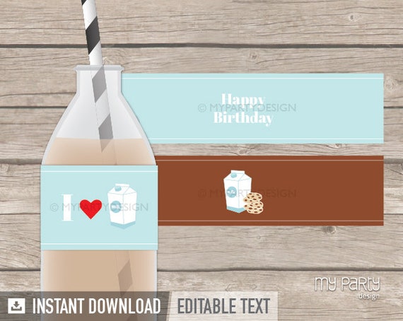Cookies and Milk Bottle Labels, Milk and Cookies Birthday Party Decoration, Blue Brown - INSTANT DOWNLOAD - Printable PDF with Editable Text Il_570xn