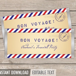 Emballages de chocolat de fête de voyage, décorations de fête d'adieu, thème de voyage de carte postale vintage - TÉLÉCHARGEMENT IMMÉDIAT - PDF modifiable imprimable