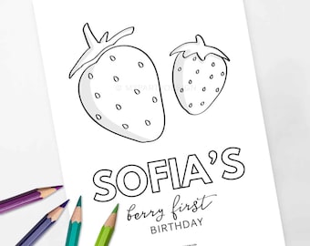 Strawberry Party Coloring Page, Berry First Birthday Activity, Summer Fruit Party Decor - INSTANT DOWNLOAD - Printable Editable PDF