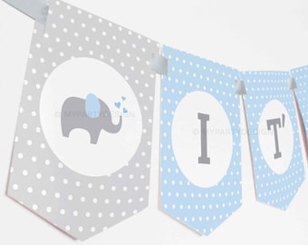 Elephant Baby Shower Banner, Boy Babyshower Decorations in Blue - INSTANT DOWNLOAD - Printable PDF with Editable Text