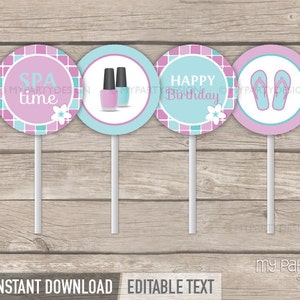 Spa Cupcake Toppers, Spa Party Printables, Spa Birthday Decorations INSTANT DOWNLOAD Printable PDF with Editable Text image 2