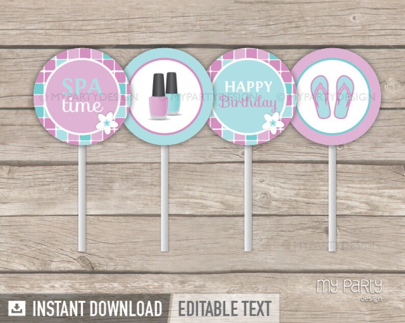 Spa Cupcake Toppers, Spa Party Printables, Spa Birthday Decorations INSTANT DOWNLOAD Printable PDF with Editable Text image 2