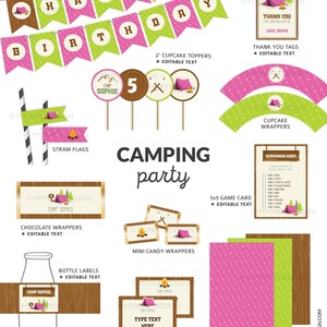 May include: A collection of camping-themed party supplies, including banners, cupcake toppers, wrappers, labels, and coordinating papers. The design features a pink and green color scheme with tent and campfire illustrations. Text includes "Happy Birthday" and "Camping Party."