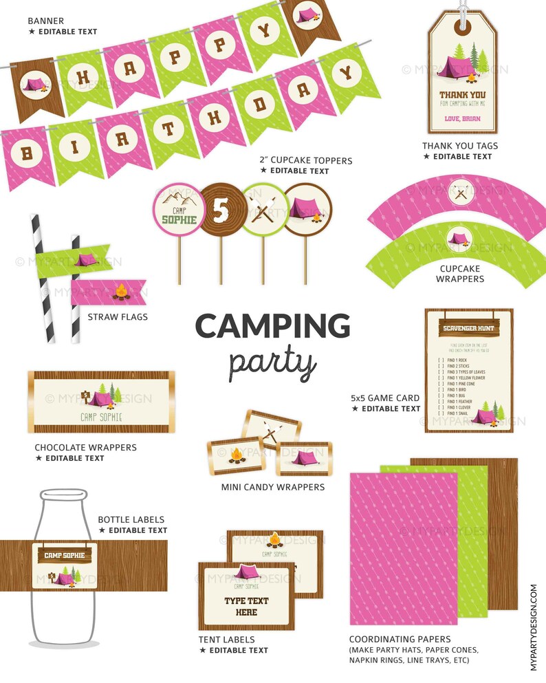 May include: A collection of camping-themed party supplies, including banners, cupcake toppers, wrappers, labels, and coordinating papers. The design features a pink and green color scheme with tent and campfire illustrations. Text includes "Happy Birthday" and "Camping Party."
