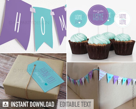 House Warming Party Pack - Purple and Turquoise - INSTANT DOWNLOAD - Printable PDF with Editable Text Il_570xn