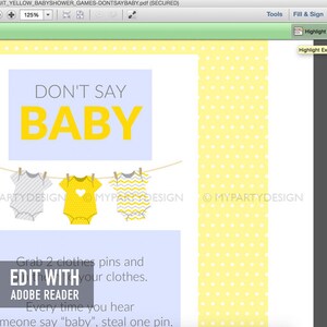 Don't say Baby Game Sign, Yellow Baby Shower, bodysuit theme, BabyShower Game INSTANT DOWNLOAD Printable PDF with Editable Text image 3