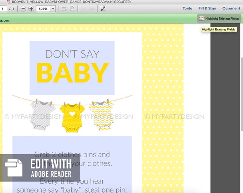 Don't say Baby Game Sign, Yellow Baby Shower, bodysuit theme, BabyShower Game INSTANT DOWNLOAD Printable PDF with Editable Text image 3