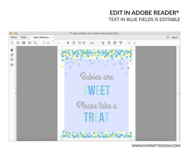 Printable PDF with Editable Text INSTANT DOWNLOAD BB02 Boy Baby Shower Take a Treat Sign Baby Sprinkle Sign