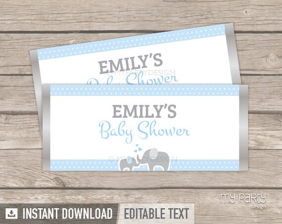 Blue Elephant Baby Shower Chocolate Wrappers for Boy - INSTANT DOWNLOAD - Printable PDF with Editable Text Il_570xn