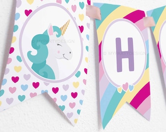 Unicorn Birthday Banner, Unicorn Party Decorations, Rainbow Party Bunting - INSTANT DOWNLOAD - Printable PDF with Editable Text