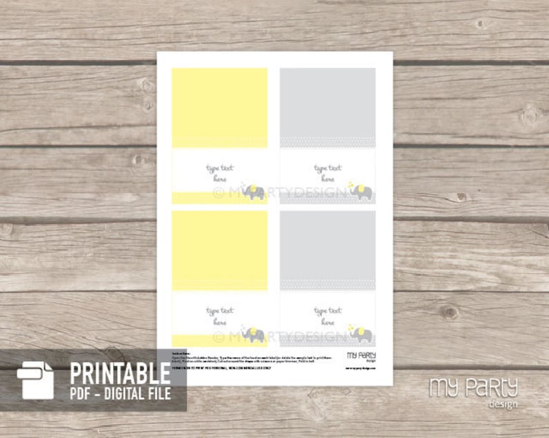 Elephant Food Labels Place Cards Gender Neutral Baby Shower Printable PDF with Editable Text Yellow Grey INSTANT DOWNLOAD