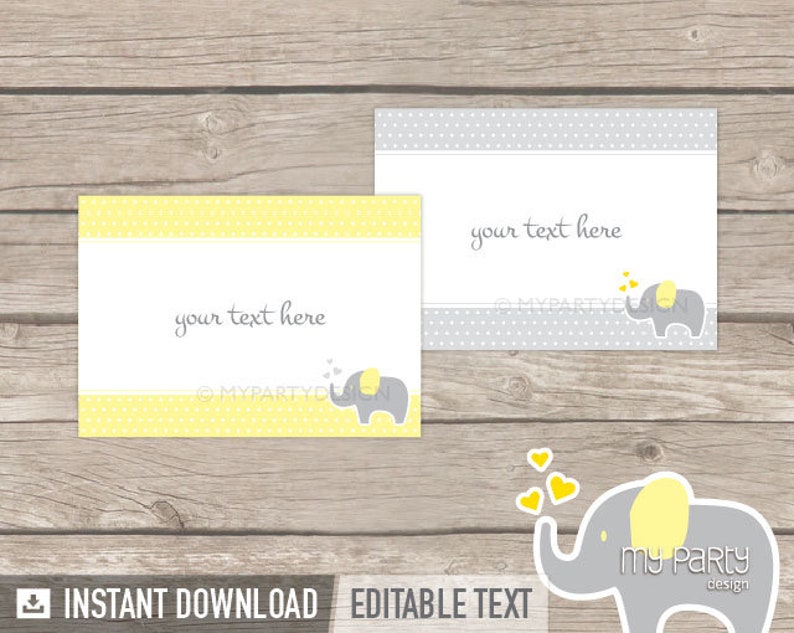 Elephant Food Labels Place Cards Gender Neutral Baby Shower Printable PDF with Editable Text Yellow Grey INSTANT DOWNLOAD