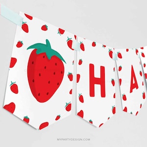 Strawberry Birthday Banner, Berry First Birthday Party Bunting, Summer Fruit Decorations - INSTANT DOWNLOAD - Printable Editable PDF