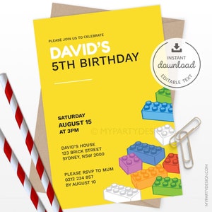 Building Blocks Birthday Invitation, Unisex Building Bricks Party Invite - INSTANT DOWNLOAD - Printable PDF with Editable Text
