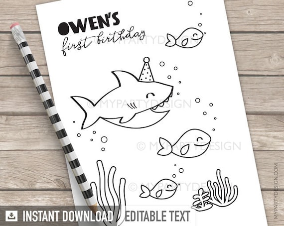 Shark Party Colouring Page - Under the Sea Party Activity - Shark Birthday - INSTANT DOWNLOAD - Printable PDF with Editable Text Il_570xn