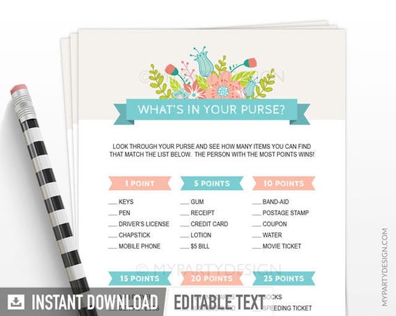 What's in Your Purse Game - Bridal Shower Game - Engagement - Ivory floral theme - INSTANT DOWNLOAD - Printable PDF with Editable Text Il_570xn