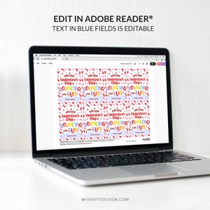 May include: A laptop displays a Valentine's Day printable template. The design features the text "Hope Your Valentine's Day is Bouncing with FUN!" in colorful lettering, with editable blue fields. The top of the screen reads "EDIT IN ADOBE READER&reg; TEXT IN BLUE FIELDS IS EDITABLE".