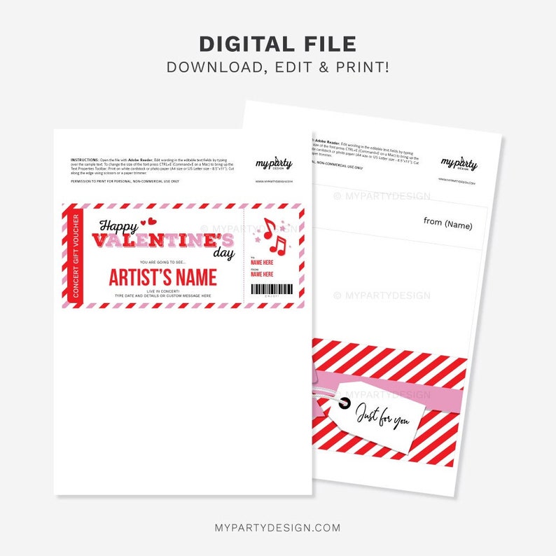 Valentine's Day Gift Concert Ticket Template, Artist Music Show Certificate, Surprise Gift Card Voucher INSTANT DOWNLOAD Editable PDF image 4
