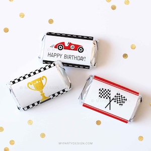 Race Car Party Mini Chocolate Wrappers, Racing Car Birthday Party Favors - INSTANT DOWNLOAD - Printable PDF with Editable Text