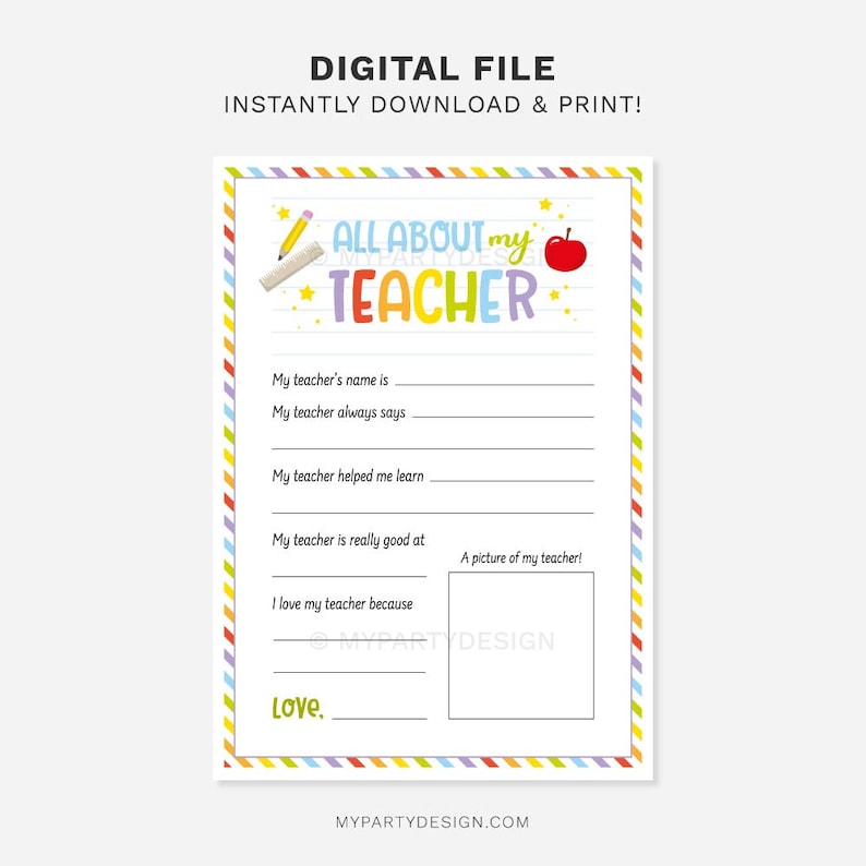 All About My Teacher Printable Teacher Appreciation Week - Etsy