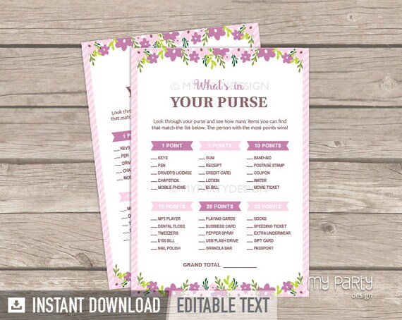 What's in Your Purse Game - Floral Baby Shower Game - Floral Party - Girl Pink Stripes - INSTANT DOWNLOAD - Printable PDF with Editable Text Il_570xn