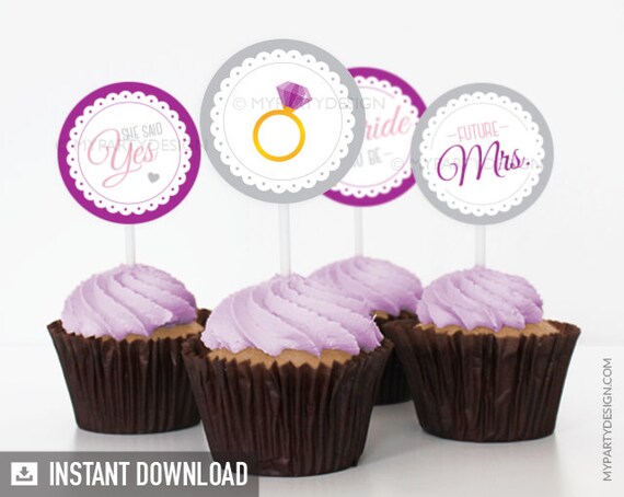 Bridal Shower - Cupcake Toppers - Party Circles - Scalloped Theme Purple - INSTANT DOWNLOAD - Printable PDF Il_570xn