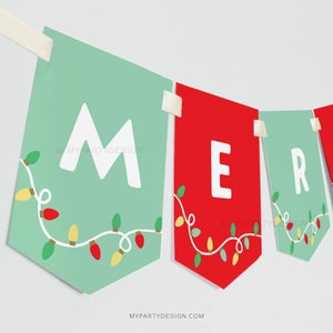 Weihnachtsbanner, festliche Party-Wimpelkette, Ausdrucke für frohe Weihnachten, Partydekorationen – SOFORTIGER DOWNLOAD – Druckbares PDF mit bearbeitbarem Text
