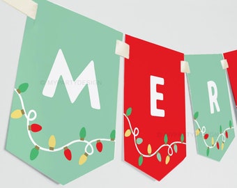 May include: A festive banner with the word "MER" in white capital letters. The banner features alternating mint green and red pennants, each adorned with a string of colorful Christmas lights. The banner is suspended by a cream-colored ribbon.
