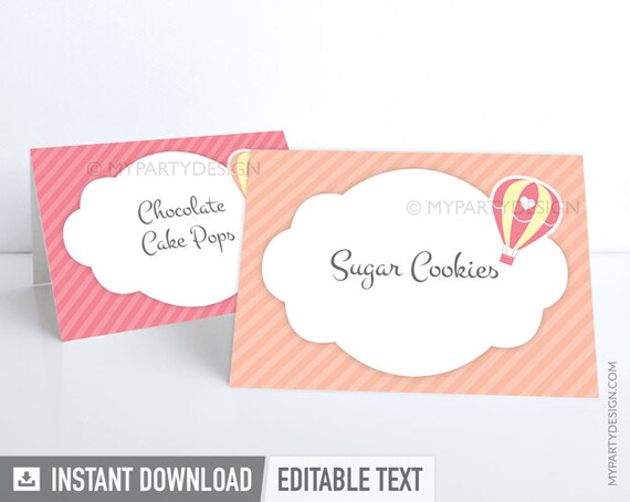 Hot Air Balloon Food Labels, Girl Baby Shower Place Cards - INSTANT DOWNLOAD - Printable PDF with Editable Text Il_570xn