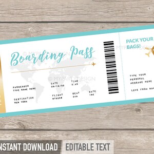 Boarding Pass Plane Ticket Template, Printable Boarding Pass Gift, Surprise Vacation Travel Flight Voucher - INSTANT DOWNLOAD - Editable PDF
