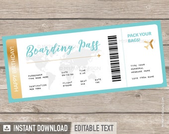 Boarding Pass Plane Ticket Template, Printable Boarding Pass Gift, Surprise Vacation Travel Flight Voucher - INSTANT DOWNLOAD - Editable PDF
