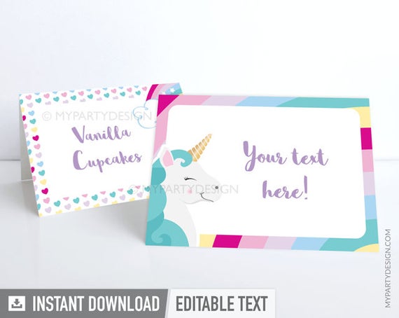 Unicorn Food Labels, Unicorn Birthday Placecards, Rainbow Tent Labels ...