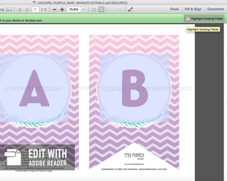 Unicorn Party Decorations Printable PDF with Editable Text Bunting Decor Unicorn Birthday Banner INSTANT DOWNLOAD Pastel Purple