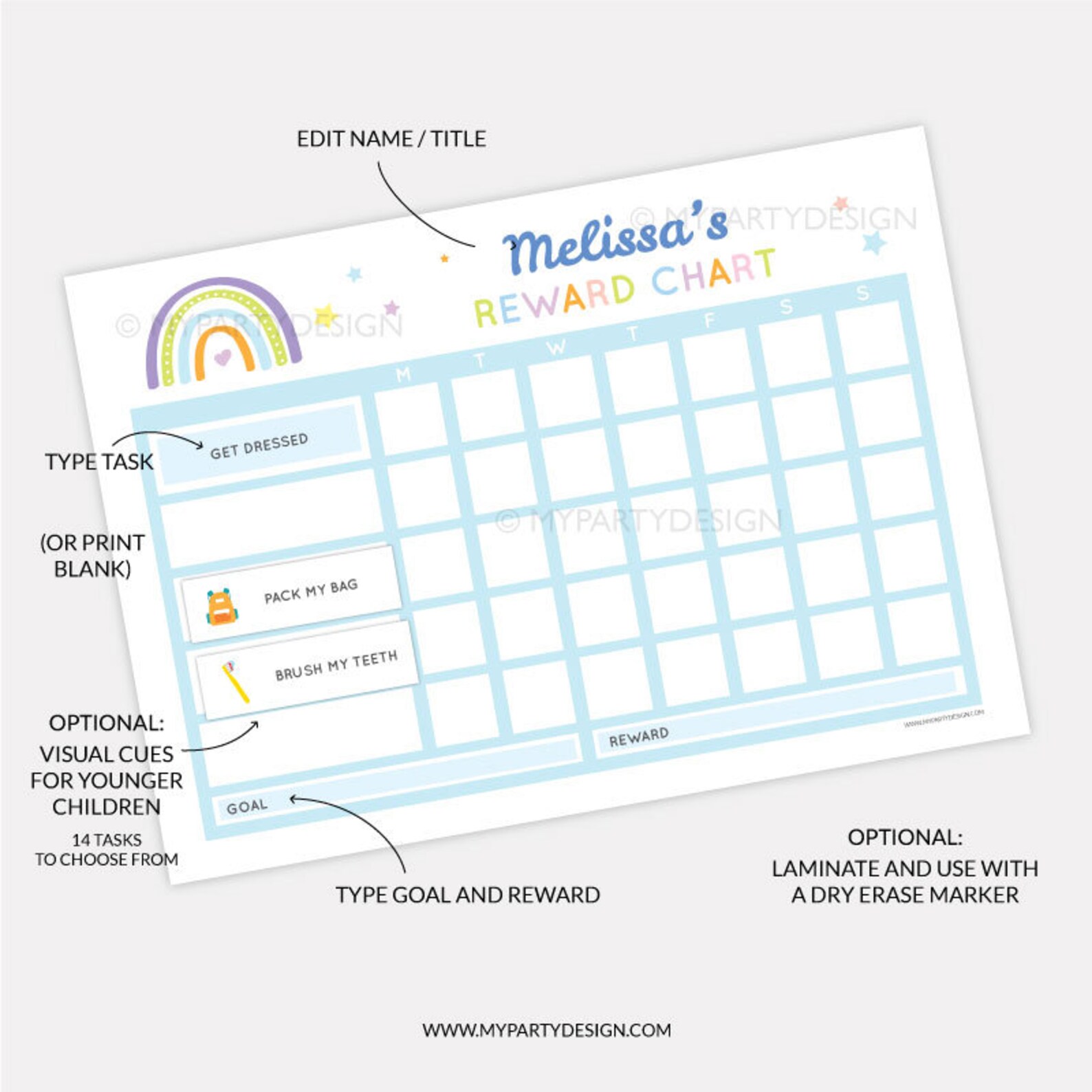 Rainbow Chore Chart for Kids, Reward Chart, Editable Behavior Chart ...