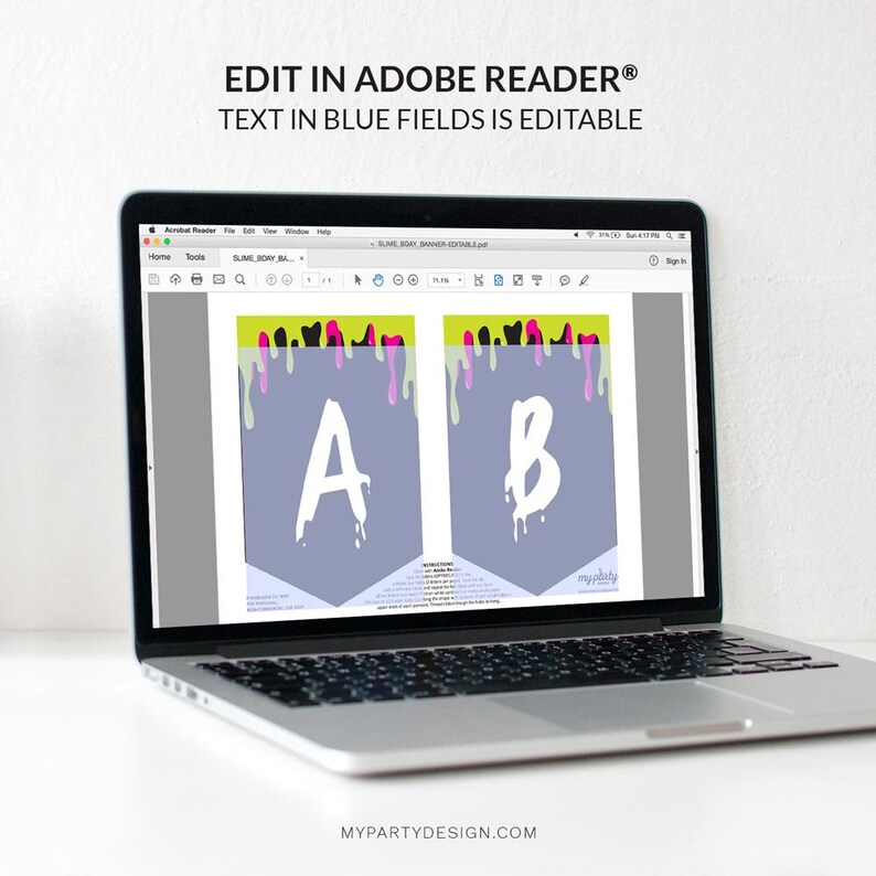 May include: A computer screen displaying a slime-themed banner with the letters "A" and "B" in white. The banner is editable in Adobe Reader. The text "EDIT IN ADOBE READER&reg; TEXT IN BLUE FIELDS IS EDITABLE" is displayed at the top of the screen.