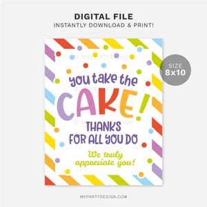 You Take the Cake Sign, Cupcake Thank You Gift Print for Staff ...