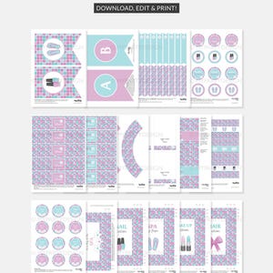 May include: Printable PDF files for a spa party. The files include banners, cupcake toppers, water bottle labels, favor tags, and more. The design features a pink and blue checkered pattern with nail polish bottles, flip flops, and other spa-themed elements.
