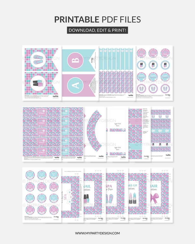 May include: Printable PDF files for a spa party. The files include banners, cupcake toppers, water bottle labels, favor tags, and more. The design features a pink and blue checkered pattern with nail polish bottles, flip flops, and other spa-themed elements.