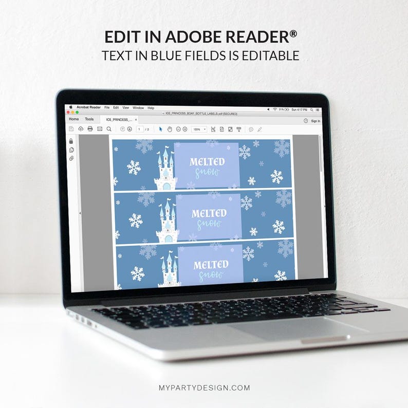 May include: A laptop displays a blue and white design for bottle labels. The labels feature a castle, snowflakes, and the text "Melted Snow." The top of the screen reads "Edit in Adobe Reader&reg; Text in Blue Fields is Editable."
