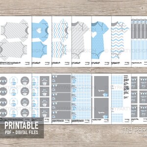 May include: Printable baby shower party decorations in blue and gray. The set includes a variety of items such as circles, banners, and favor tags. The text "It's a Boy!" is included on some of the items.
