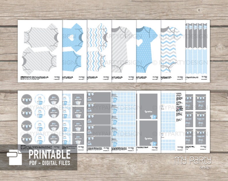 May include: Printable baby shower party decorations in blue and gray. The set includes a variety of items such as circles, banners, and favor tags. The text "It's a Boy!" is included on some of the items.