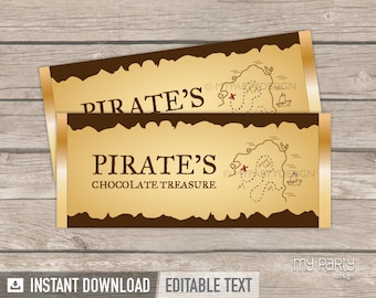 Pirate Chocolate Wrappers, Pirate Birthday Decorations, Boy Party Favors - INSTANT DOWNLOAD - Printable PDF with Editable Text