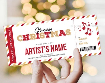 May include: A concert gift voucher with a festive design. The voucher features the words "Merry Christmas" in red and gold, with space to write the artist's name. It has a red and gold striped border and musical notes.