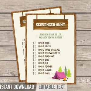 Scavenger Hunt Game, Camping Treasure Hunt, Girl Campout Birthday Party, Pink Glamping - INSTANT DOWNLOAD - Printable PDF with Editable Text