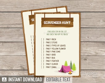 Scavenger Hunt Game, Camping Treasure Hunt, Girl Campout Birthday Party, Pink Glamping - INSTANT DOWNLOAD - Printable PDF with Editable Text