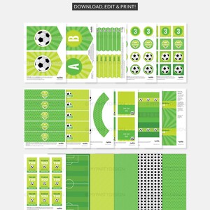 May include: Printable PDF files with a soccer theme. The design includes soccer balls, green and white accents, and various party elements like banners, labels, and thank you cards. The text includes "Download, Edit & Print!" and "Thank You".
