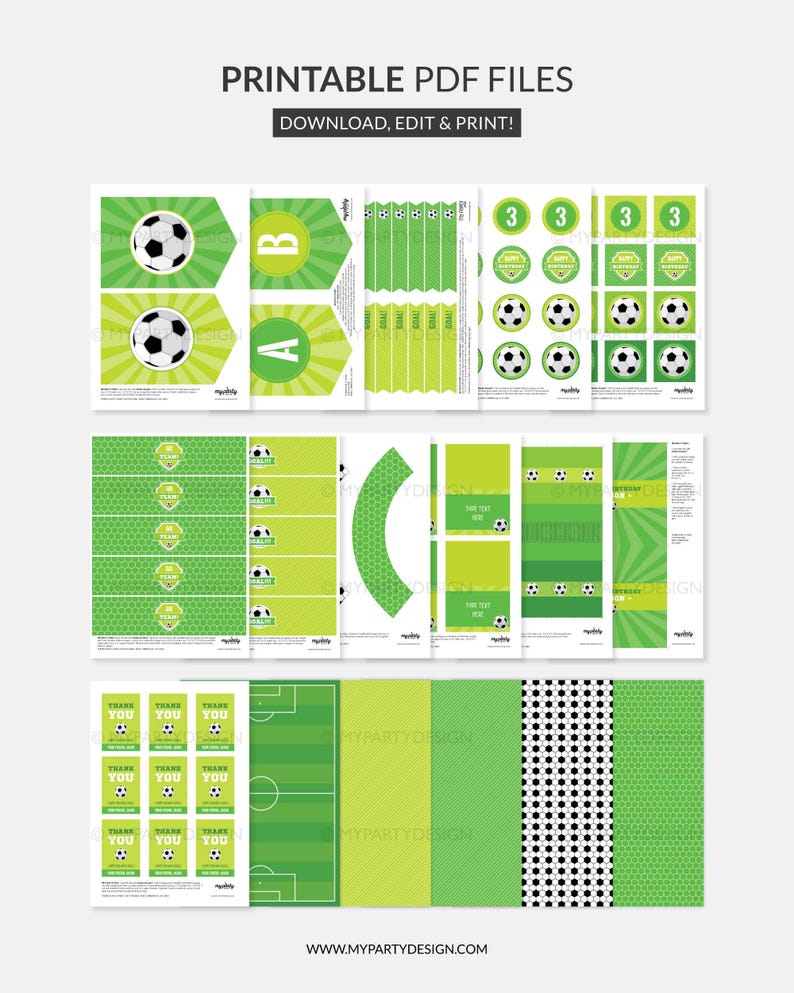May include: Printable PDF files with a soccer theme. The design includes soccer balls, green and white accents, and various party elements like banners, labels, and thank you cards. The text includes "Download, Edit & Print!" and "Thank You".
