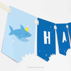 Shark Birthday Banner, Shark Party Happy Birthday Bunting, Under the Sea Party Decorations - INSTANT DOWNLOAD - Printable Editable PDF